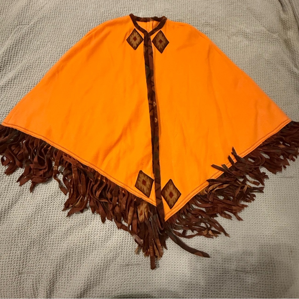 Fleece Orange Tribal Aztec Fringe Poncho